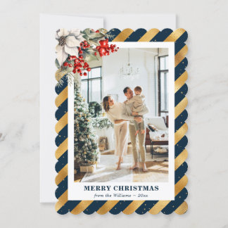 Blue Gold Botanical Modern Photo Christmas Card シーズンカード