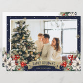 Blue Gold Botanical Snowflake Photo Holiday シーズンカード (正面/裏面)