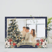 Blue Gold Botanical Snowflake Photo Holiday シーズンカード (スタンド正面)