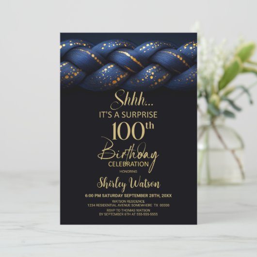 Blue Gold Braid Surprise 100th Birthday Party 招待状 (スタンド正面)