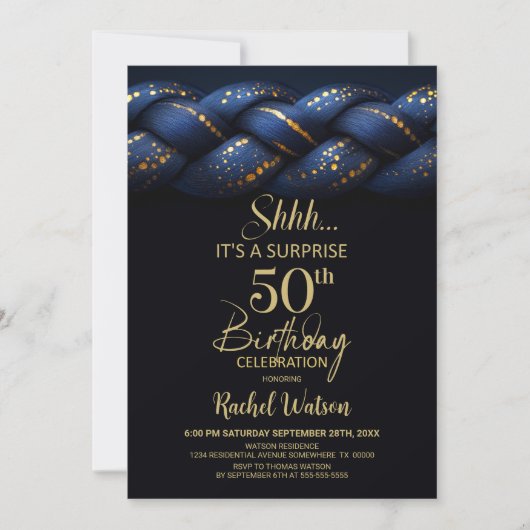 Blue Gold Braid Surprise 50th Birthday Party 招待状 (正面)