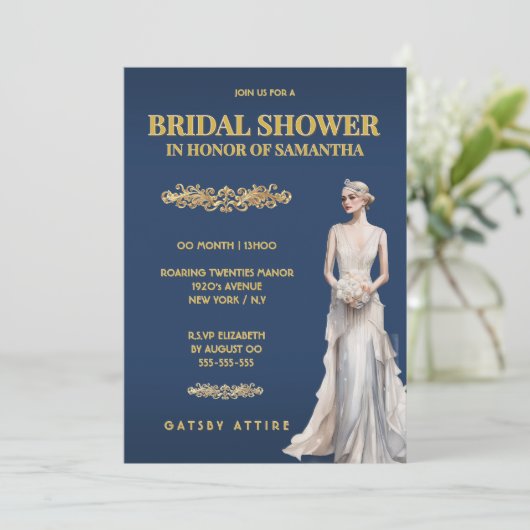 Blue Gold Bridal Shower Gatsby Elegant 招待状 (スタンド正面)
