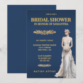 Blue Gold Bridal Shower Gatsby Elegant 招待状 (正面/裏面)