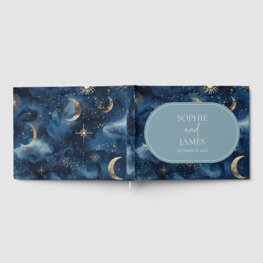 Blue Gold Celestial Elegant Starry Sky Wedding ゲストブック (全面)