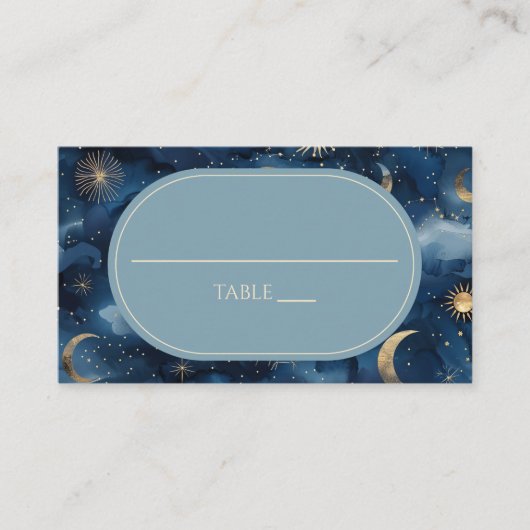 Blue Gold Celestial Elegant Starry Sky Wedding プレイスカード (正面)