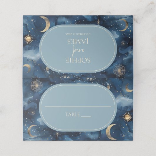 Blue Gold Celestial Elegant Starry Sky Wedding プレイスカード (外部開封)