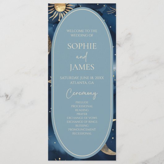 Blue Gold Celestial Elegant Starry Sky Wedding プログラム (正面)