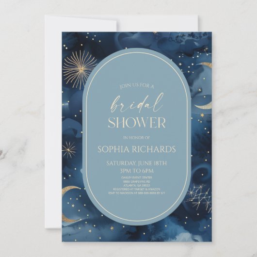 Blue Gold Celestial Starry Sky Bridal Shower 招待状 (正面)