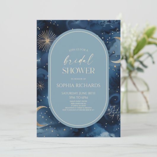 Blue Gold Celestial Starry Sky Bridal Shower 招待状 (スタンド正面)