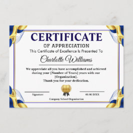 Blue Gold Certificate of Appreciation Template エンクロージャーカード