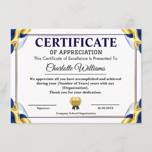 Blue Gold Certificate of Appreciation Template エンクロージャーカード (正面)