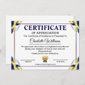 Blue Gold Certificate of Appreciation Template エンクロージャーカード (正面/裏面)