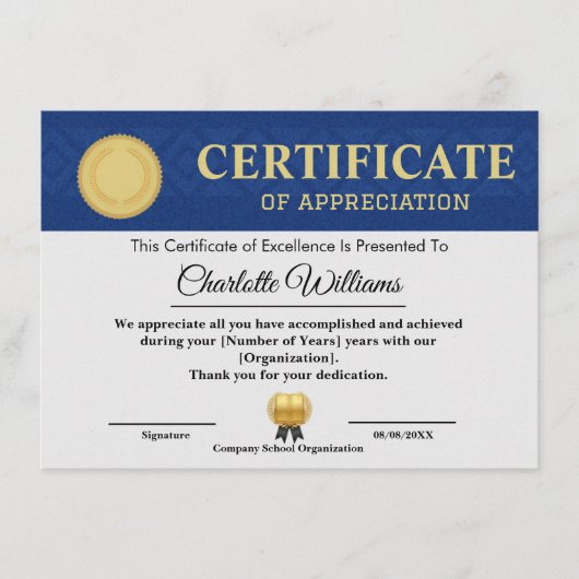 Blue Gold Certificate of Appreciation Template エンクロージャーカード (正面)