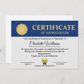 Blue Gold Certificate of Appreciation Template エンクロージャーカード (正面/裏面)