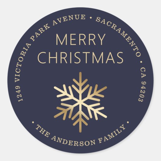 Blue Gold Christmas Snowflake Return Address ラウンドシール (正面)