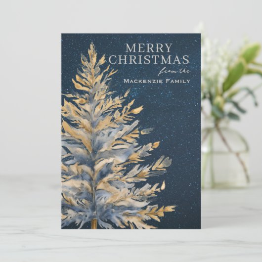 Blue Gold Christmas Tree Photo Personalized シーズンカード (スタンド正面)