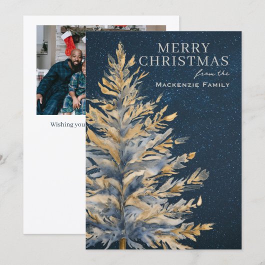 Blue Gold Christmas Tree Photo Personalized シーズンカード (正面/裏面)