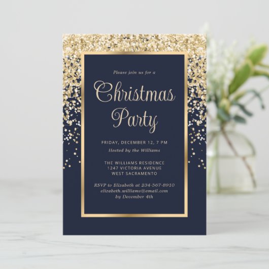 Blue Gold Confetti Botanical Christmas Party 招待状 (スタンド正面)