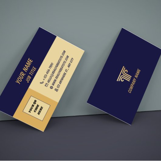 Blue Gold Corporate QR Code Business Card 名刺