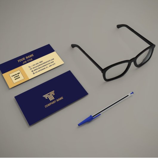 Blue Gold Corporate QR Code Business Card 名刺