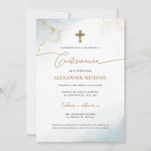 Blue Gold Cross Boy Confirmation Confirmacion  招待状 (正面)