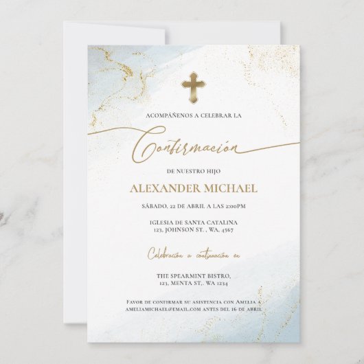 Blue Gold Cross Boy Confirmation Confirmacion  招待状 (正面)