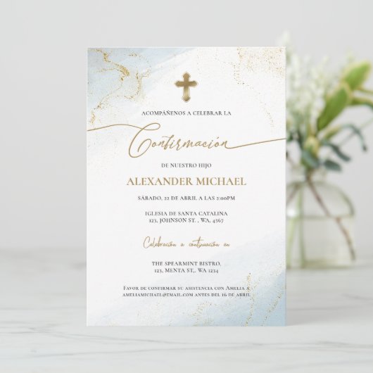 Blue Gold Cross Boy Confirmation Confirmacion  招待状 (スタンド正面)