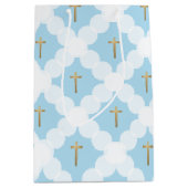 Blue & Gold Cross Elegant Christian Baptism ミディアムペーパーバッグ (正面)