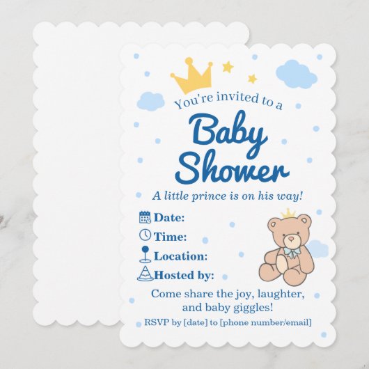 Blue & Gold Crown Baby Shower Invitation for Boy 招待状 (正面/裏面)