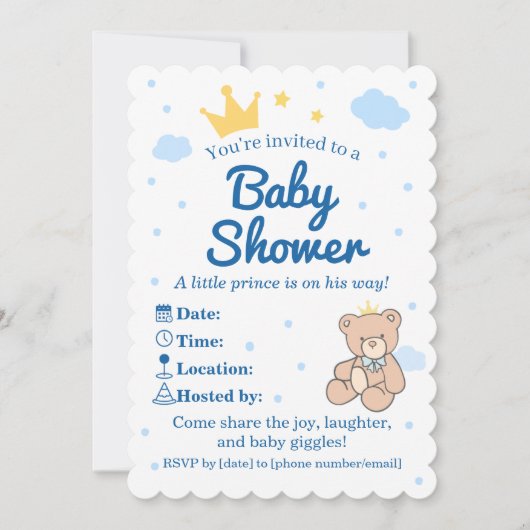 Blue & Gold Crown Baby Shower Invitation for Boy 招待状 (正面)
