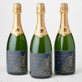 Blue & Gold | Custom Names, Dates スパークリングワインラベル (ボトル)