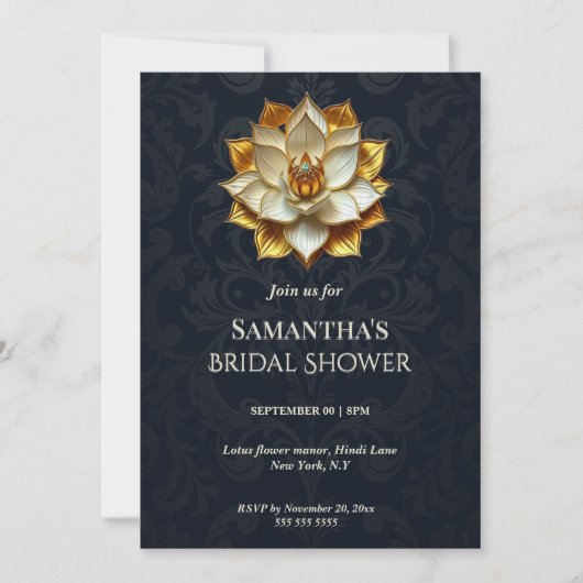 Blue Gold Damask Lotus Bridal Shower  シーズンカード (正面)