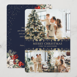 Blue Gold Elegant Botanical Photo Christmas Card シーズンカード