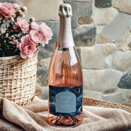 Blue Gold Elegant Celestial Starry Sky Wedding スパークリングワインラベル