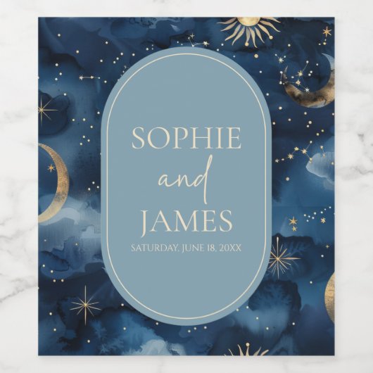Blue Gold Elegant Celestial Starry Sky Wedding ワインラベル (シングルラベル)