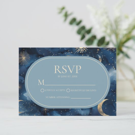 Blue Gold Elegant Celestial Starry Sky Wedding 出欠カード (スタンド正面)