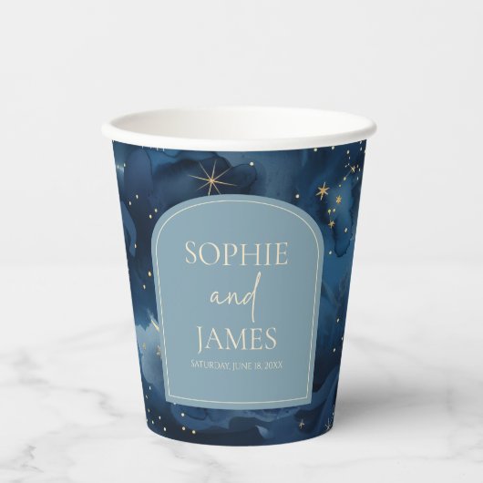 Blue Gold Elegant Celestial Starry Sky Wedding 紙コップ (正面)