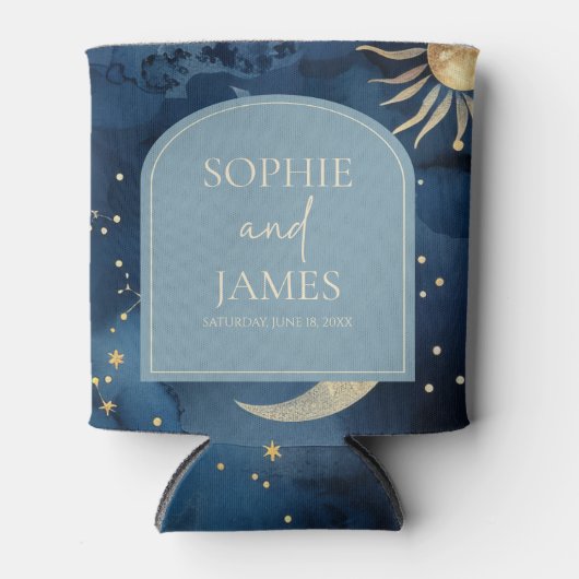 Blue Gold Elegant Celestial Starry Sky Wedding 缶クーラー (正面)