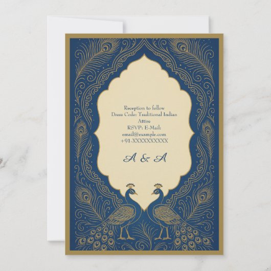 blue gold Elegant Peacock Hindu Wedding 招待状 (裏面)