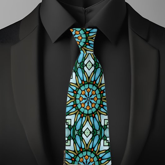 Blue Gold Faux Stained Glass Kaleidoscope Necktie ネクタイ