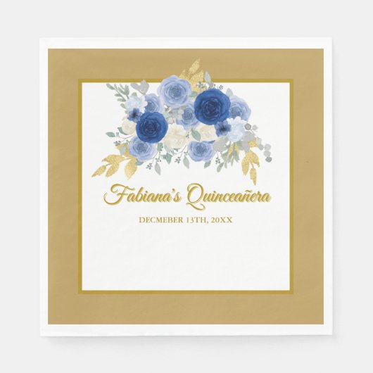 Blue & Gold Floral Quinceañera Napkins スタンダードランチョンナプキン (正面)