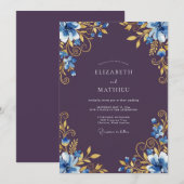 Blue Gold Floral Romance Wedding 招待状 (正面/裏面)