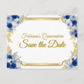 Blue & Gold Floral Save the Date 案内ポストカード (正面)