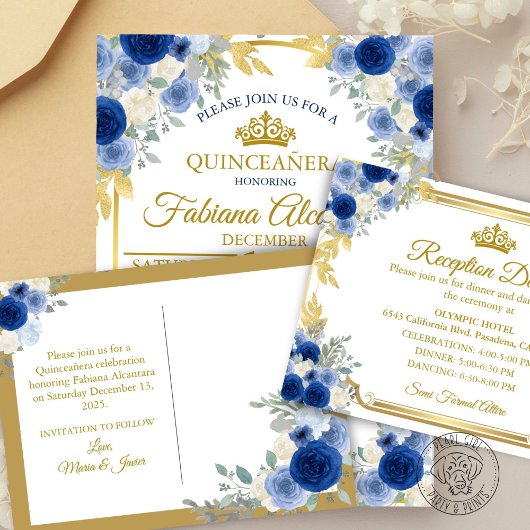 Blue & Gold Floral Save the Date 案内ポストカード