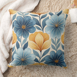 Blue & Gold Floral Throw Pillow クッション