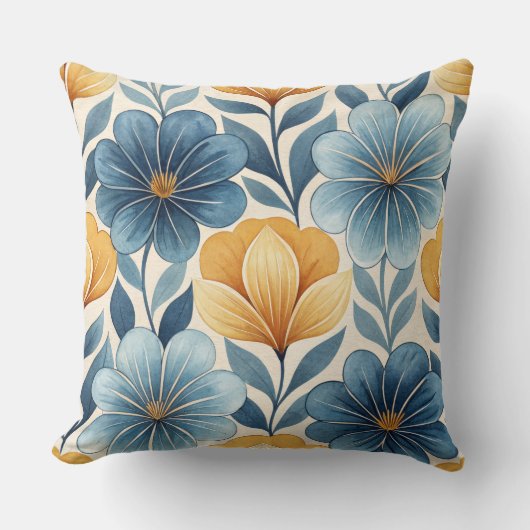 Blue & Gold Floral Throw Pillow クッション (正面)