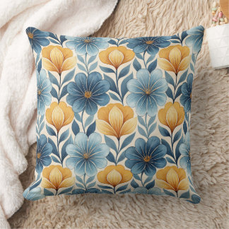 Blue & Gold Floral Throw Pillow クッション