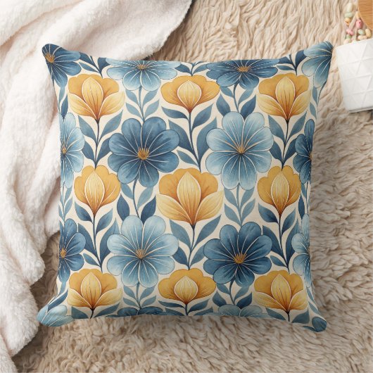 Blue & Gold Floral Throw Pillow クッション (ブランケット)