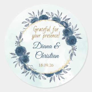 Blue Gold Floral Wedding Sticker Elegant Circle ラウンドシール