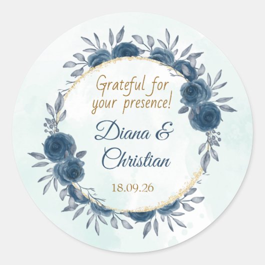 Blue Gold Floral Wedding Sticker Elegant Circle ラウンドシール (正面)